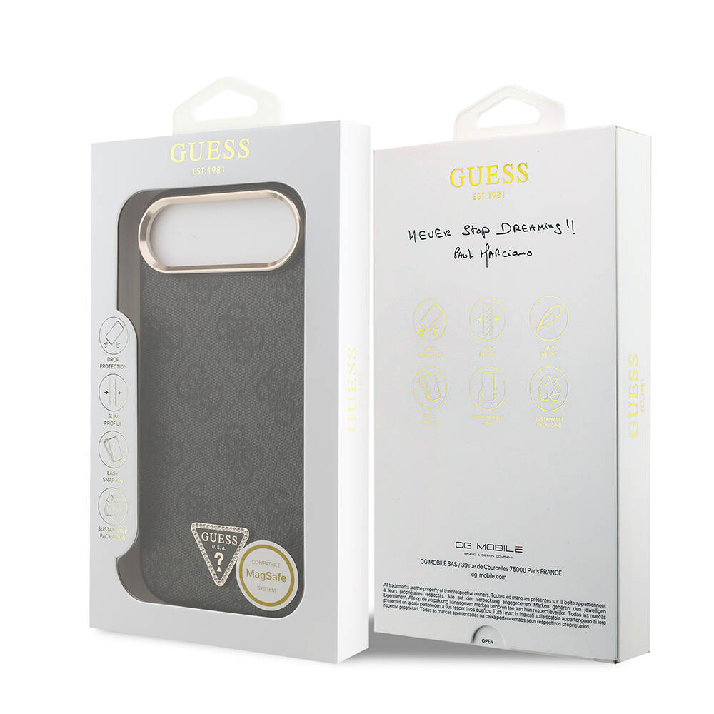 Apple iPhone 17 Air Kılıf Guess Orjinal Lisanslı M-safe Şarj Özellikli Gold Metal Kamera Çerçeveli Taşlı Üçgen Logo 4G Desenli Kapak - 11