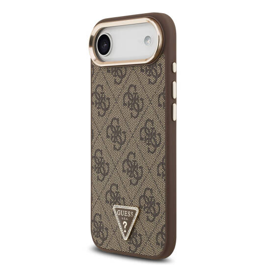 Apple iPhone 17 Air Kılıf Guess Orjinal Lisanslı M-safe Şarj Özellikli Gold Metal Kamera Çerçeveli Taşlı Üçgen Logo 4G Desenli Kapak - 12