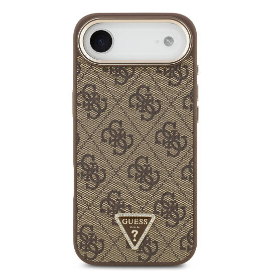 Apple iPhone 17 Air Kılıf Guess Orjinal Lisanslı M-safe Şarj Özellikli Gold Metal Kamera Çerçeveli Taşlı Üçgen Logo 4G Desenli Kapak - 13