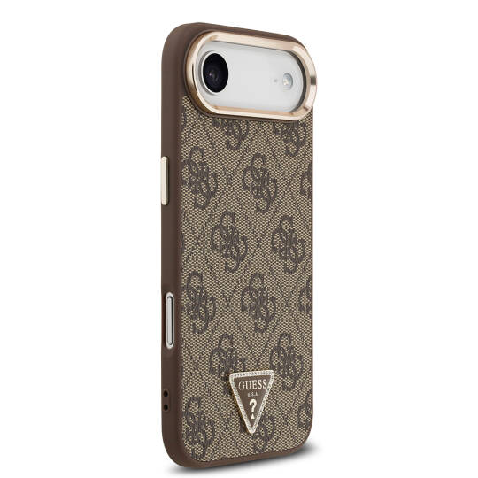 Apple iPhone 17 Air Kılıf Guess Orjinal Lisanslı M-safe Şarj Özellikli Gold Metal Kamera Çerçeveli Taşlı Üçgen Logo 4G Desenli Kapak - 14