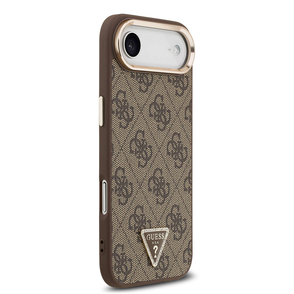 Apple iPhone 17 Air Kılıf Guess Orjinal Lisanslı M-safe Şarj Özellikli Gold Metal Kamera Çerçeveli Taşlı Üçgen Logo 4G Desenli Kapak - 14
