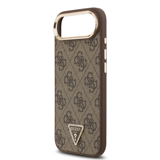 Apple iPhone 17 Air Kılıf Guess Orjinal Lisanslı M-safe Şarj Özellikli Gold Metal Kamera Çerçeveli Taşlı Üçgen Logo 4G Desenli Kapak - 16