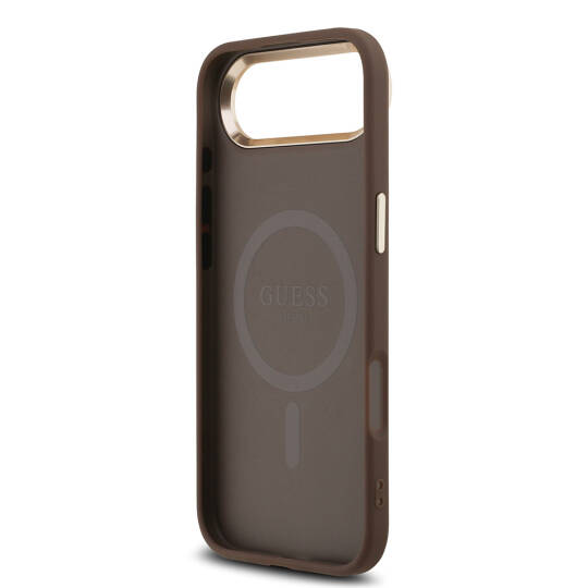 Apple iPhone 17 Air Kılıf Guess Orjinal Lisanslı M-safe Şarj Özellikli Gold Metal Kamera Çerçeveli Taşlı Üçgen Logo 4G Desenli Kapak - 17