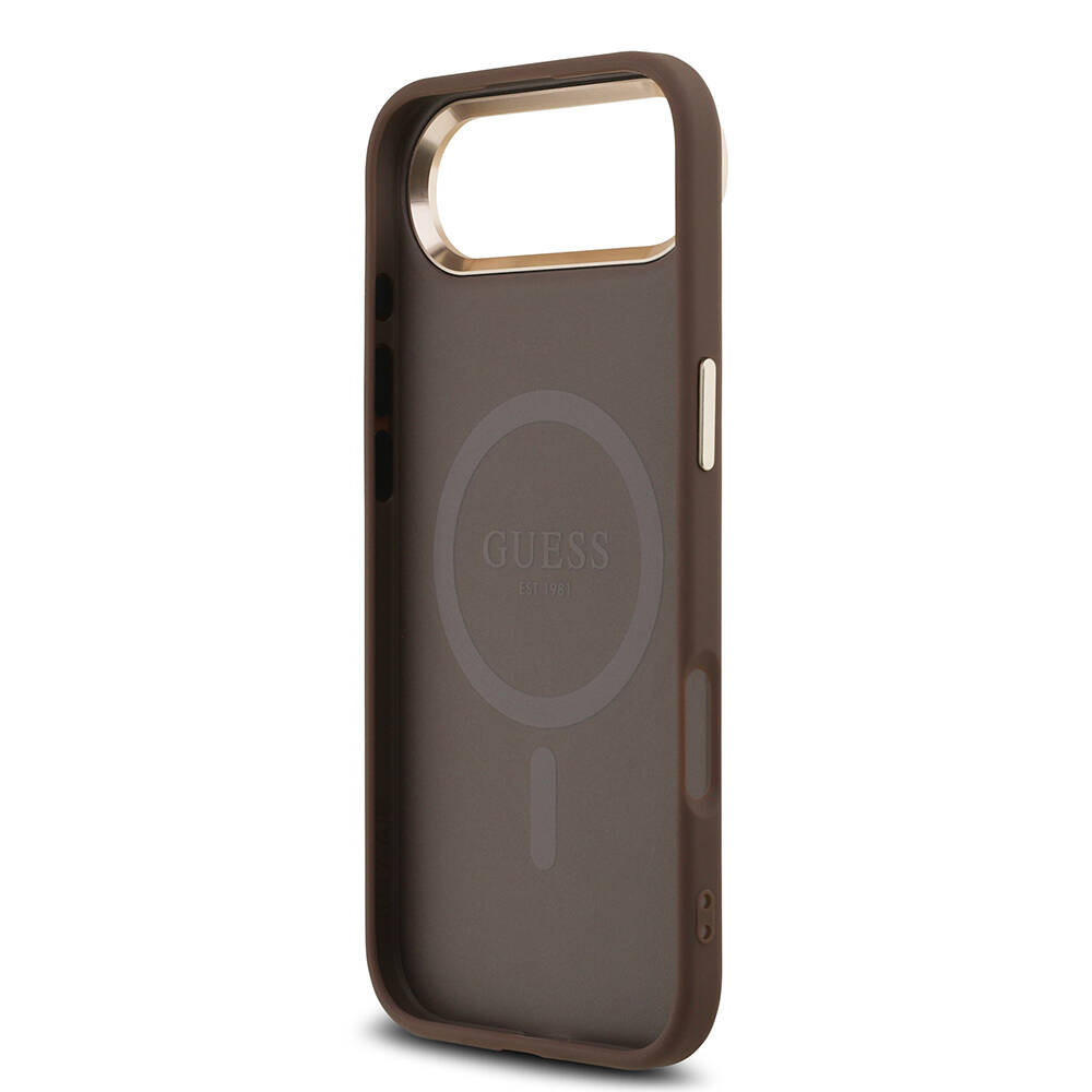 Apple iPhone 17 Air Kılıf Guess Orjinal Lisanslı M-safe Şarj Özellikli Gold Metal Kamera Çerçeveli Taşlı Üçgen Logo 4G Desenli Kapak - 17