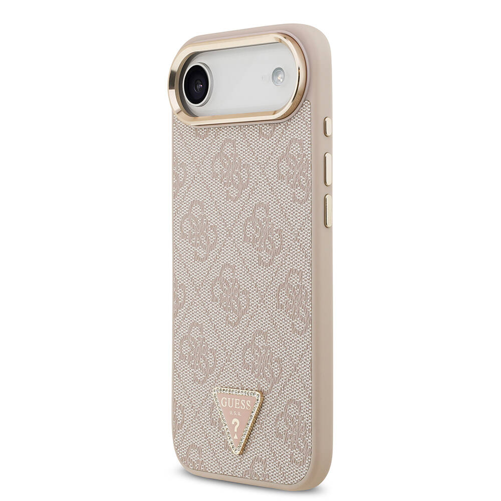 Apple iPhone 17 Air Kılıf Guess Orjinal Lisanslı M-safe Şarj Özellikli Gold Metal Kamera Çerçeveli Taşlı Üçgen Logo 4G Desenli Kapak - 19