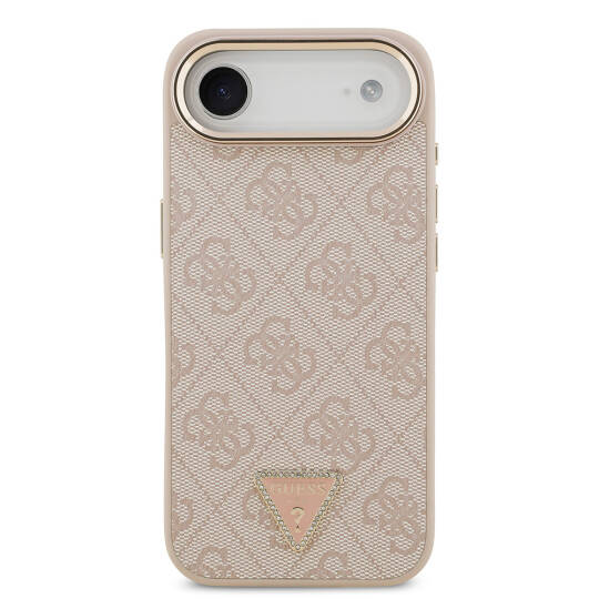 Apple iPhone 17 Air Kılıf Guess Orjinal Lisanslı M-safe Şarj Özellikli Gold Metal Kamera Çerçeveli Taşlı Üçgen Logo 4G Desenli Kapak - 20