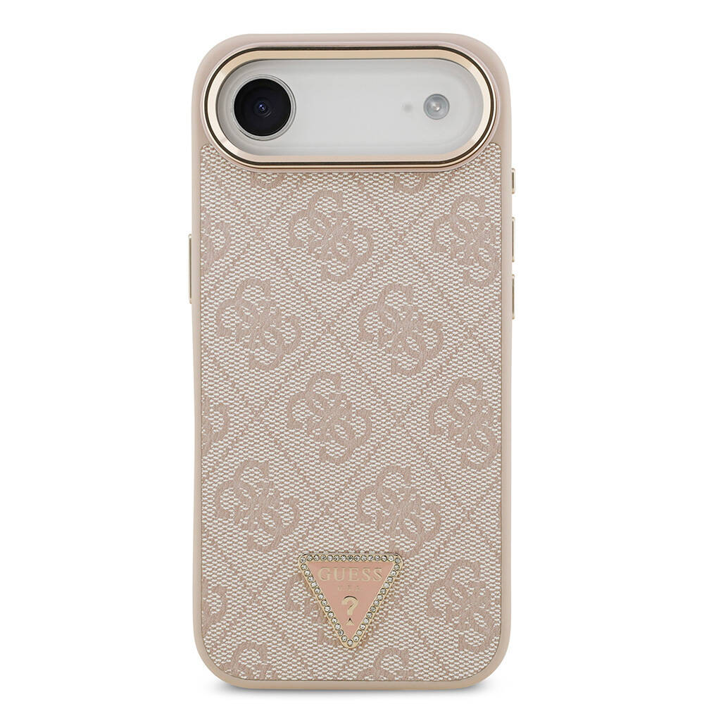 Apple iPhone 17 Air Kılıf Guess Orjinal Lisanslı M-safe Şarj Özellikli Gold Metal Kamera Çerçeveli Taşlı Üçgen Logo 4G Desenli Kapak - 20