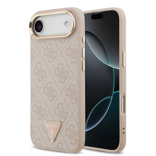 Apple iPhone 17 Air Kılıf Guess Orjinal Lisanslı M-safe Şarj Özellikli Gold Metal Kamera Çerçeveli Taşlı Üçgen Logo 4G Desenli Kapak - 3
