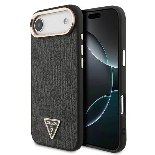 Apple iPhone 17 Air Kılıf Guess Orjinal Lisanslı M-safe Şarj Özellikli Gold Metal Kamera Çerçeveli Taşlı Üçgen Logo 4G Desenli Kapak - 2