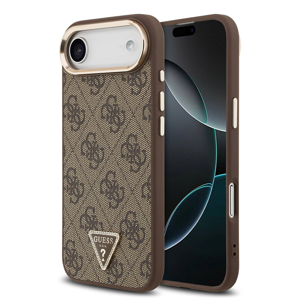 Apple iPhone 17 Air Kılıf Guess Orjinal Lisanslı M-safe Şarj Özellikli Gold Metal Kamera Çerçeveli Taşlı Üçgen Logo 4G Desenli Kapak - 1