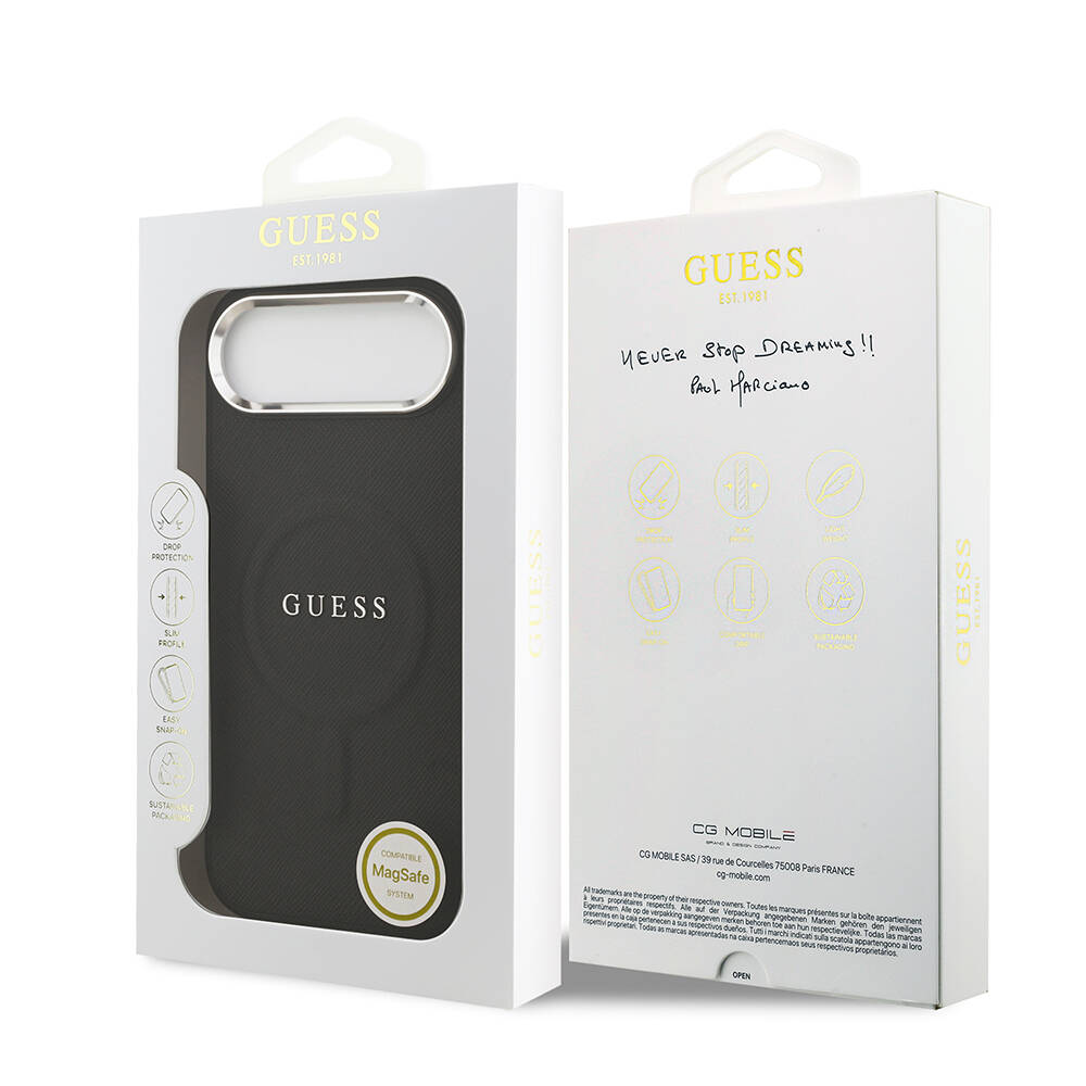 Apple iPhone 17 Air Kılıf Guess Orjinal Lisanslı M-safe Şarj Özellikli Klasik Yazı Logolu PU Deri Kapak - 17