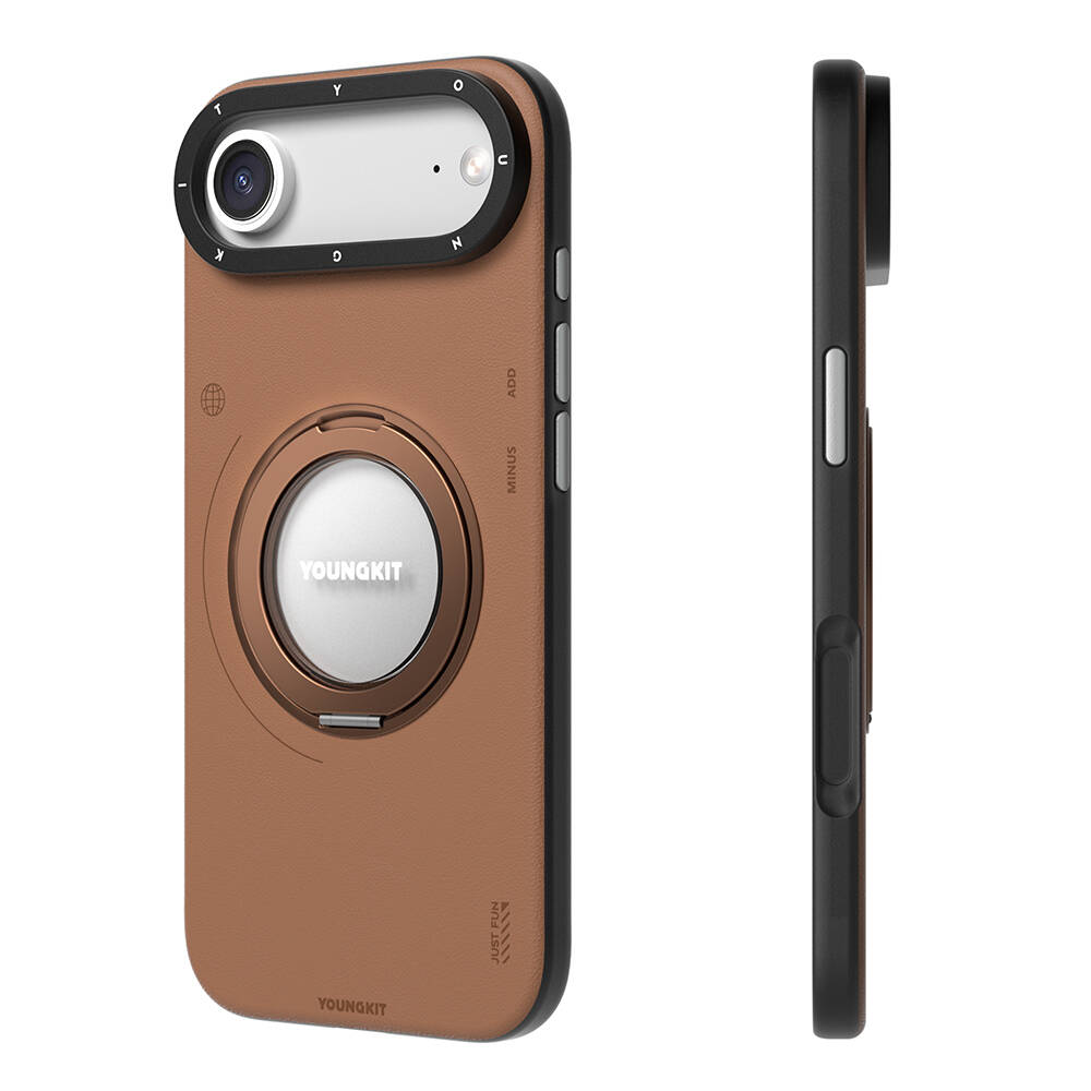 Apple iPhone 17 Air Kılıf M-safe Şarj Özellikli 360 Derece Standlı Basit Mat Deri Desenli Youngkit Tech Leather Serisi Kapak - 5
