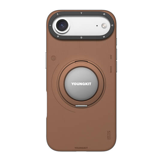 Apple iPhone 17 Air Kılıf M-safe Şarj Özellikli 360 Derece Standlı Basit Mat Deri Desenli Youngkit Tech Leather Serisi Kapak Kahverengi