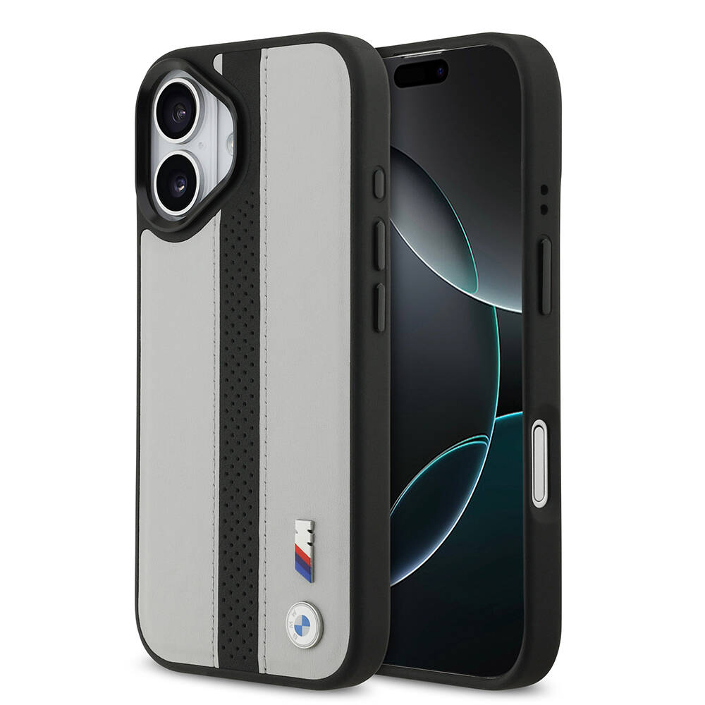 Apple iPhone 17 Kılıf BMW Orjinal Lisanslı M-safe Şarj Özellikli Deri Arka Yüzey Metal Logolu Delikli Şerit Tasarımlı Kapak - 1