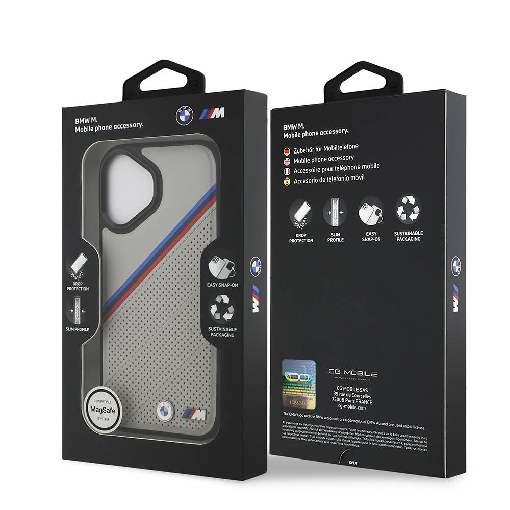 Apple iPhone 17 Kılıf BMW Orjinal Lisanslı M-safe Şarj Özellikli M Logolu Üç Şeritli Delikli Deri Kapak - 16