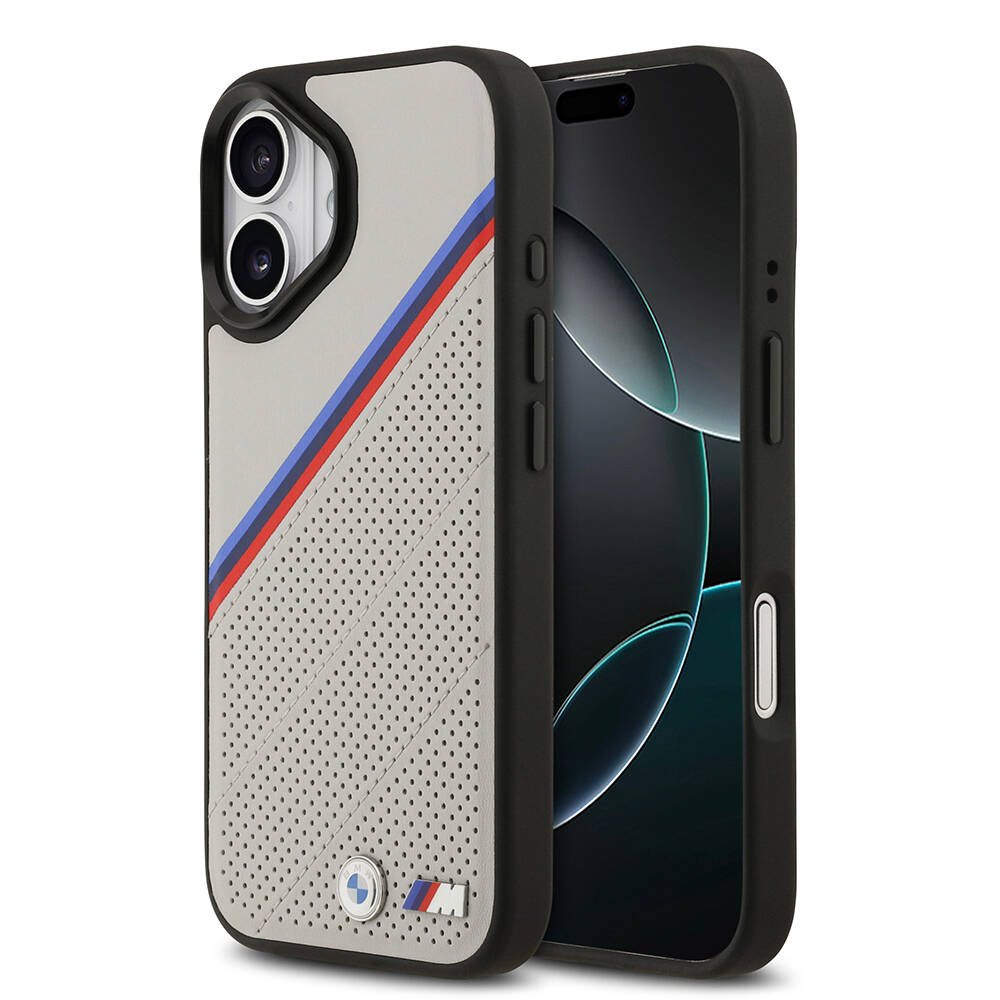 Apple iPhone 17 Kılıf BMW Orjinal Lisanslı M-safe Şarj Özellikli M Logolu Üç Şeritli Delikli Deri Kapak - 2