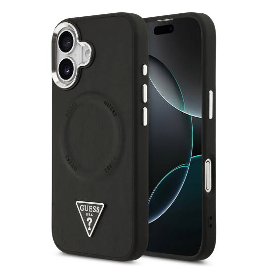 Apple iPhone 17 Kılıf Guess Orjinal Lisanslı M-safe Şarj Özellikli PU Deri Metal Kamera Çerçeveli Üçgen Logolu Kapak