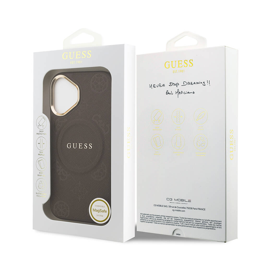 Apple iPhone 17 Kılıf Guess Orjinal Lisanslı M-safe Şarj Özellikli Sıcak Baskılı Yazı Logolu PU Deri Peony Kapak - 19