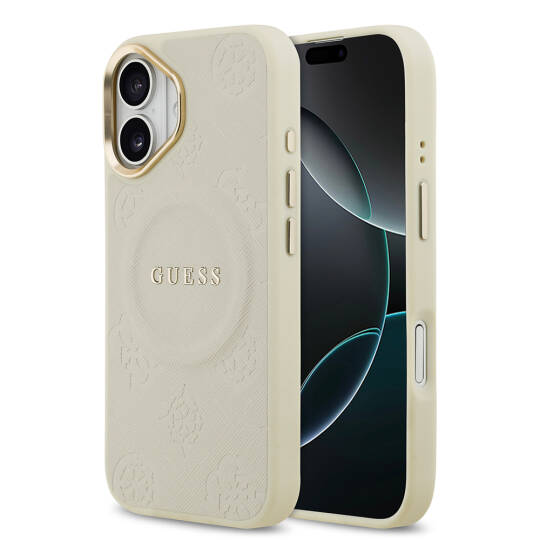 Apple iPhone 17 Kılıf Guess Orjinal Lisanslı M-safe Şarj Özellikli Sıcak Baskılı Yazı Logolu PU Deri Peony Kapak - 4