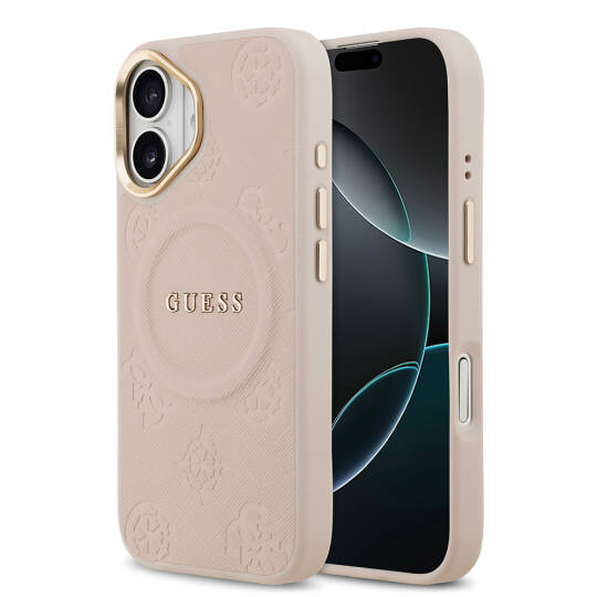 Apple iPhone 17 Kılıf Guess Orjinal Lisanslı M-safe Şarj Özellikli Sıcak Baskılı Yazı Logolu PU Deri Peony Kapak - 2