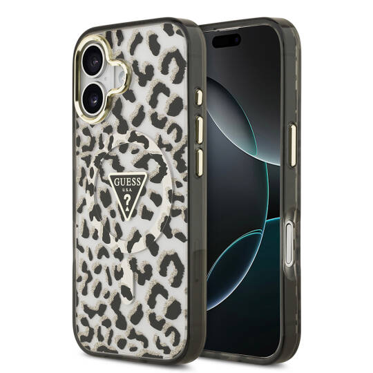 Apple iPhone 17 Kılıf Guess Orjinal Lisanslı M-safe Şarj Özellikli Üçgen Logolu Simli Leopar Desenli Kapak - 3