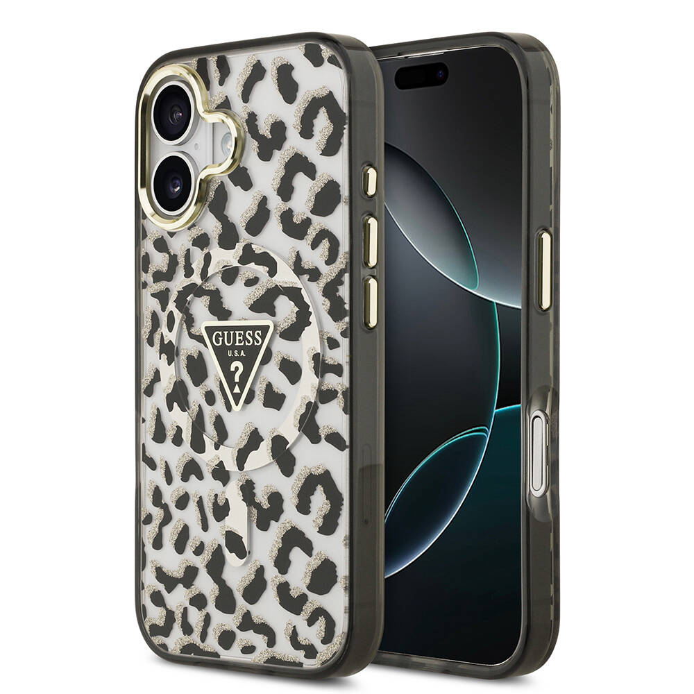 Apple iPhone 17 Kılıf Guess Orjinal Lisanslı M-safe Şarj Özellikli Üçgen Logolu Simli Leopar Desenli Kapak - 3