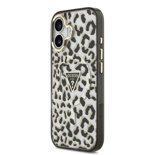 Apple iPhone 17 Kılıf Guess Orjinal Lisanslı M-safe Şarj Özellikli Üçgen Logolu Simli Leopar Desenli Kapak - 4