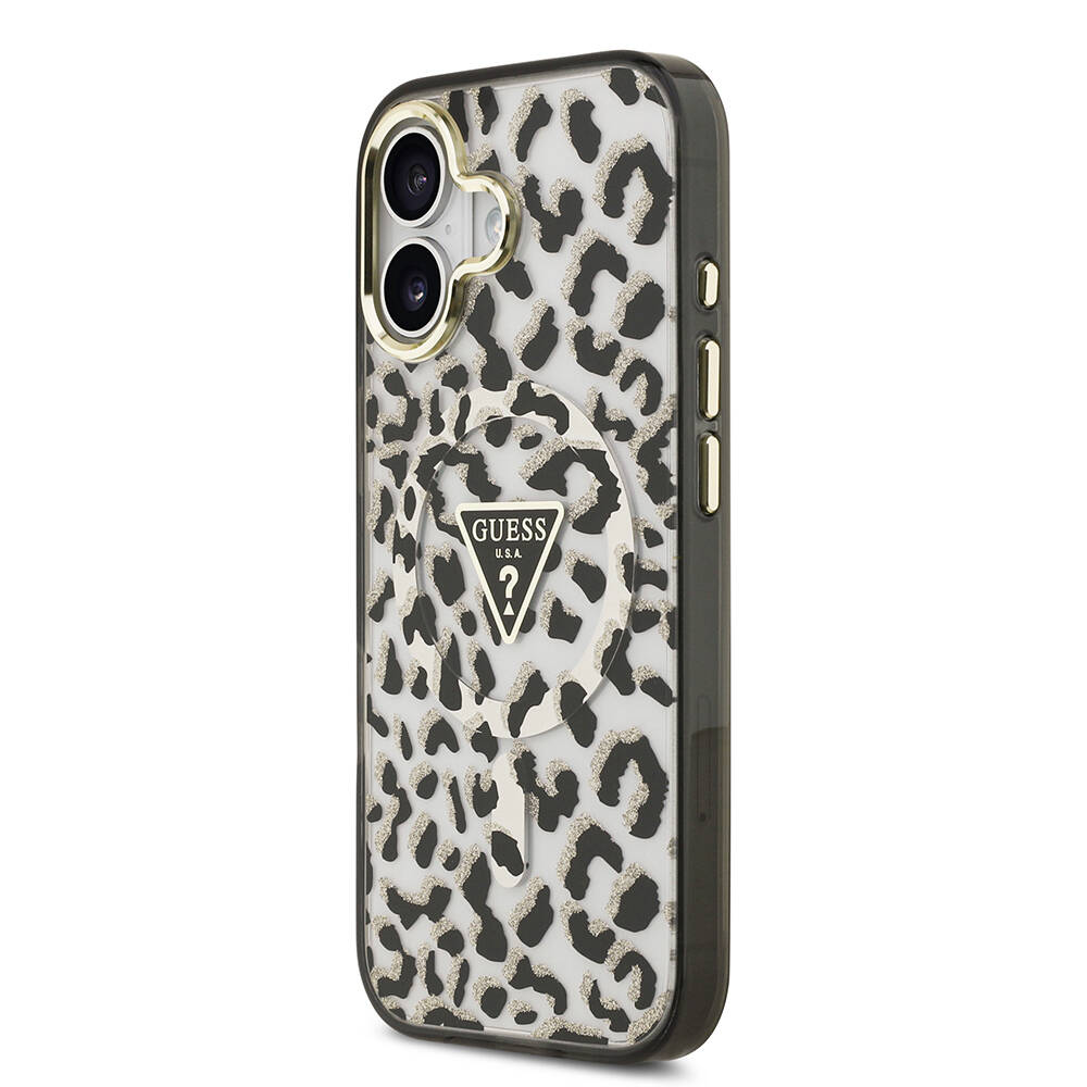 Apple iPhone 17 Kılıf Guess Orjinal Lisanslı M-safe Şarj Özellikli Üçgen Logolu Simli Leopar Desenli Kapak - 4