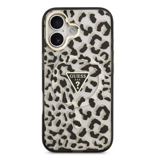 Apple iPhone 17 Kılıf Guess Orjinal Lisanslı M-safe Şarj Özellikli Üçgen Logolu Simli Leopar Desenli Kapak - 5