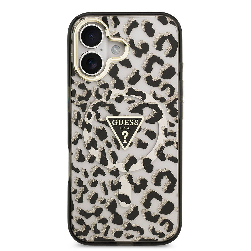 Apple iPhone 17 Kılıf Guess Orjinal Lisanslı M-safe Şarj Özellikli Üçgen Logolu Simli Leopar Desenli Kapak - 5