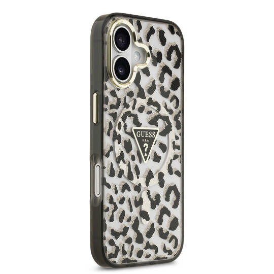 Apple iPhone 17 Kılıf Guess Orjinal Lisanslı M-safe Şarj Özellikli Üçgen Logolu Simli Leopar Desenli Kapak - 6