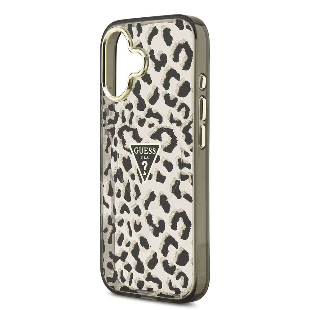 Apple iPhone 17 Kılıf Guess Orjinal Lisanslı M-safe Şarj Özellikli Üçgen Logolu Simli Leopar Desenli Kapak - 8