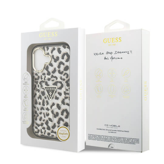 Apple iPhone 17 Kılıf Guess Orjinal Lisanslı M-safe Şarj Özellikli Üçgen Logolu Simli Leopar Desenli Kapak - 10