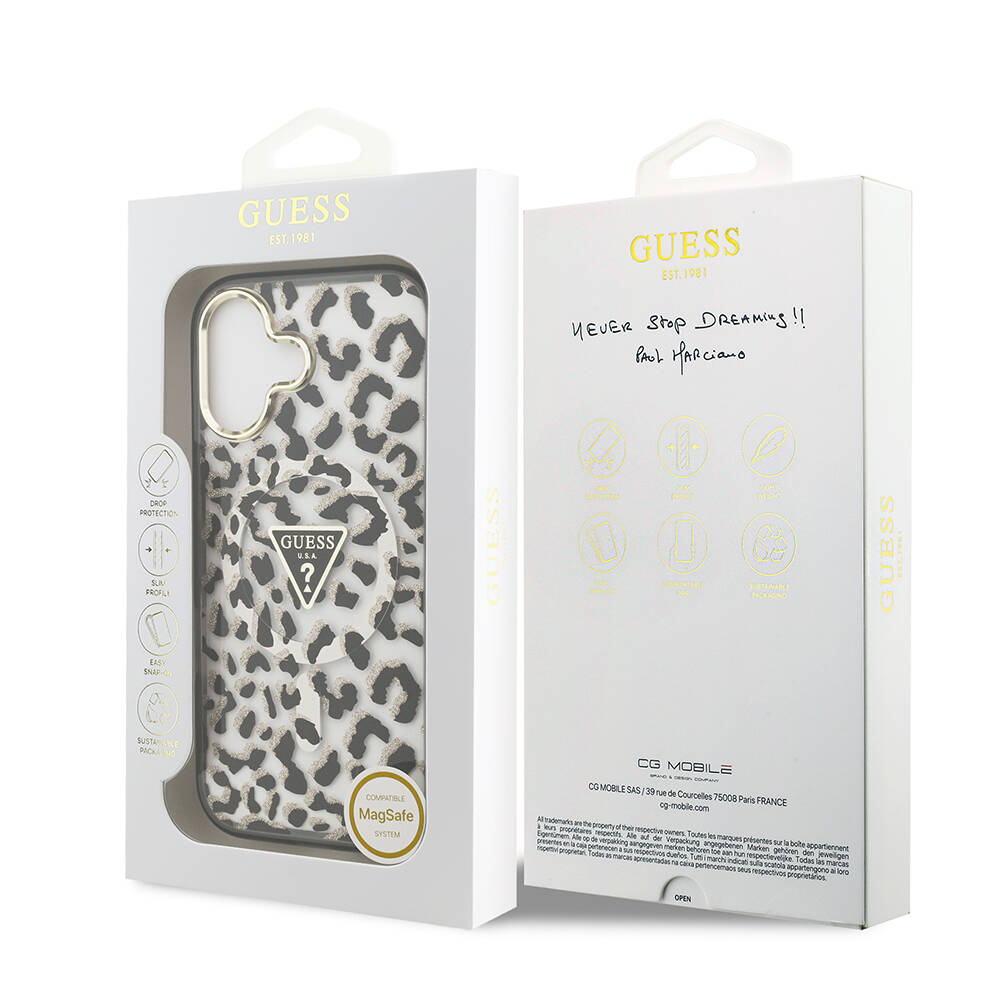 Apple iPhone 17 Kılıf Guess Orjinal Lisanslı M-safe Şarj Özellikli Üçgen Logolu Simli Leopar Desenli Kapak - 10
