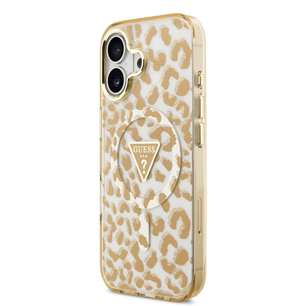 Apple iPhone 17 Kılıf Guess Orjinal Lisanslı M-safe Şarj Özellikli Üçgen Logolu Simli Leopar Desenli Kapak - 11