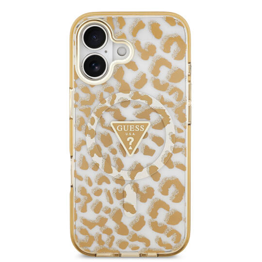 Apple iPhone 17 Kılıf Guess Orjinal Lisanslı M-safe Şarj Özellikli Üçgen Logolu Simli Leopar Desenli Kapak - 12