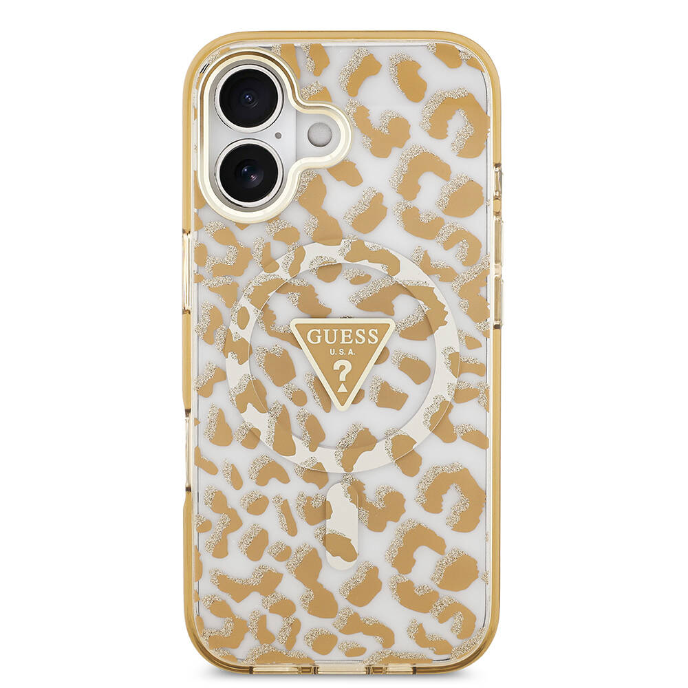 Apple iPhone 17 Kılıf Guess Orjinal Lisanslı M-safe Şarj Özellikli Üçgen Logolu Simli Leopar Desenli Kapak - 12