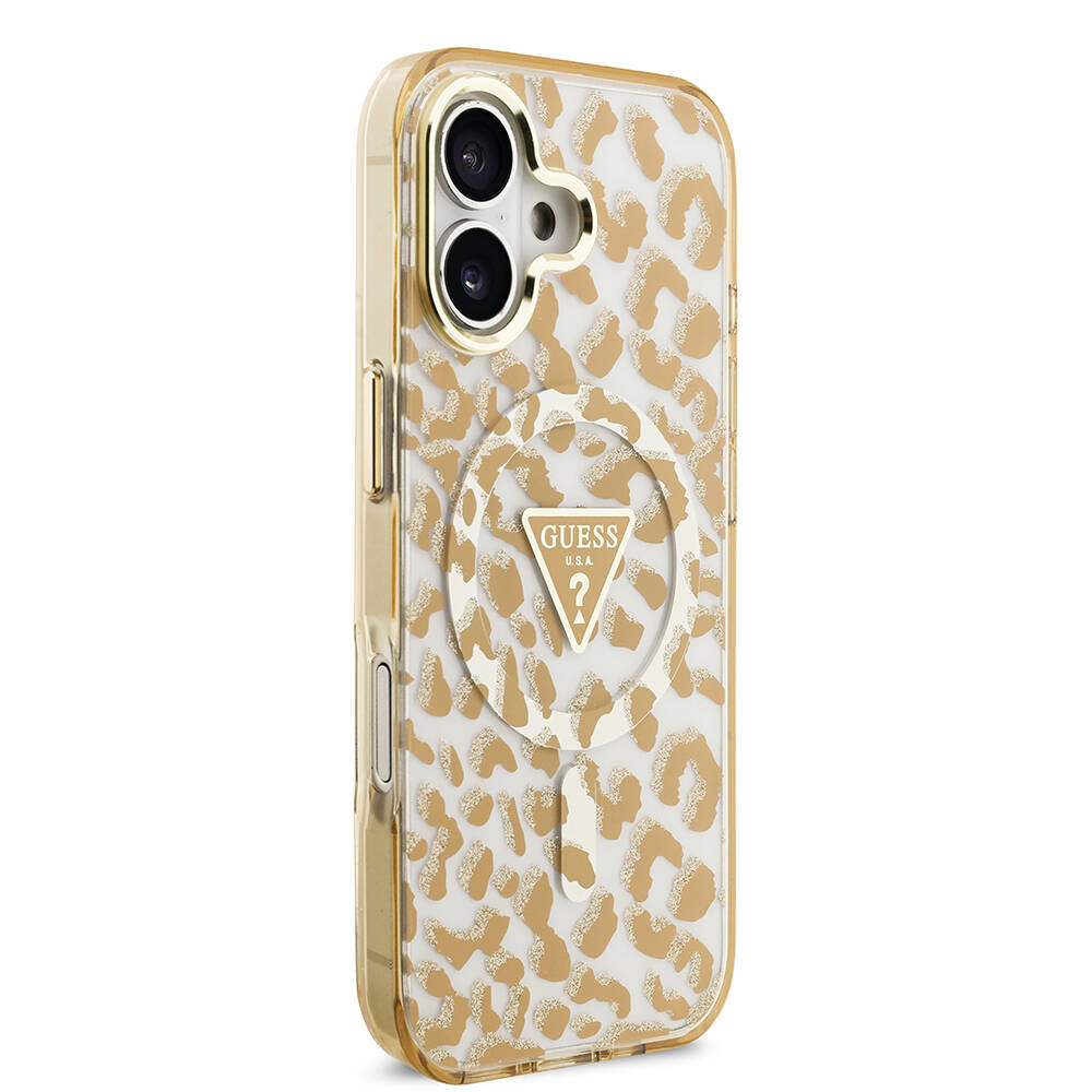 Apple iPhone 17 Kılıf Guess Orjinal Lisanslı M-safe Şarj Özellikli Üçgen Logolu Simli Leopar Desenli Kapak - 13