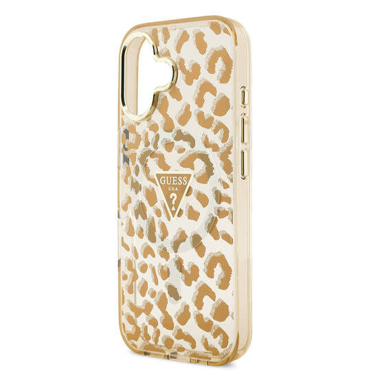 Apple iPhone 17 Kılıf Guess Orjinal Lisanslı M-safe Şarj Özellikli Üçgen Logolu Simli Leopar Desenli Kapak - 15