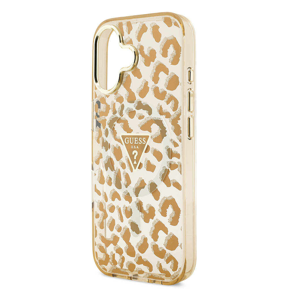 Apple iPhone 17 Kılıf Guess Orjinal Lisanslı M-safe Şarj Özellikli Üçgen Logolu Simli Leopar Desenli Kapak - 15