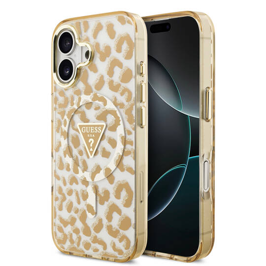 Apple iPhone 17 Kılıf Guess Orjinal Lisanslı M-safe Şarj Özellikli Üçgen Logolu Simli Leopar Desenli Kapak - 2