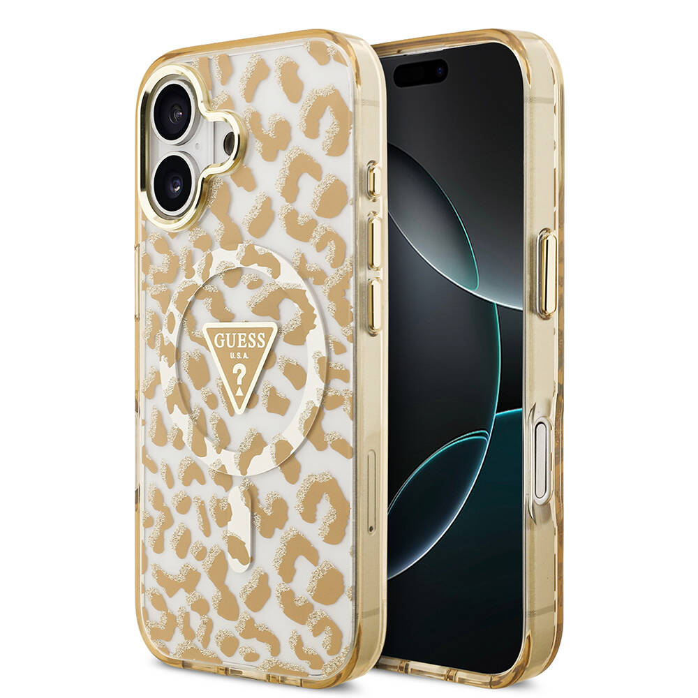 Apple iPhone 17 Kılıf Guess Orjinal Lisanslı M-safe Şarj Özellikli Üçgen Logolu Simli Leopar Desenli Kapak - 2