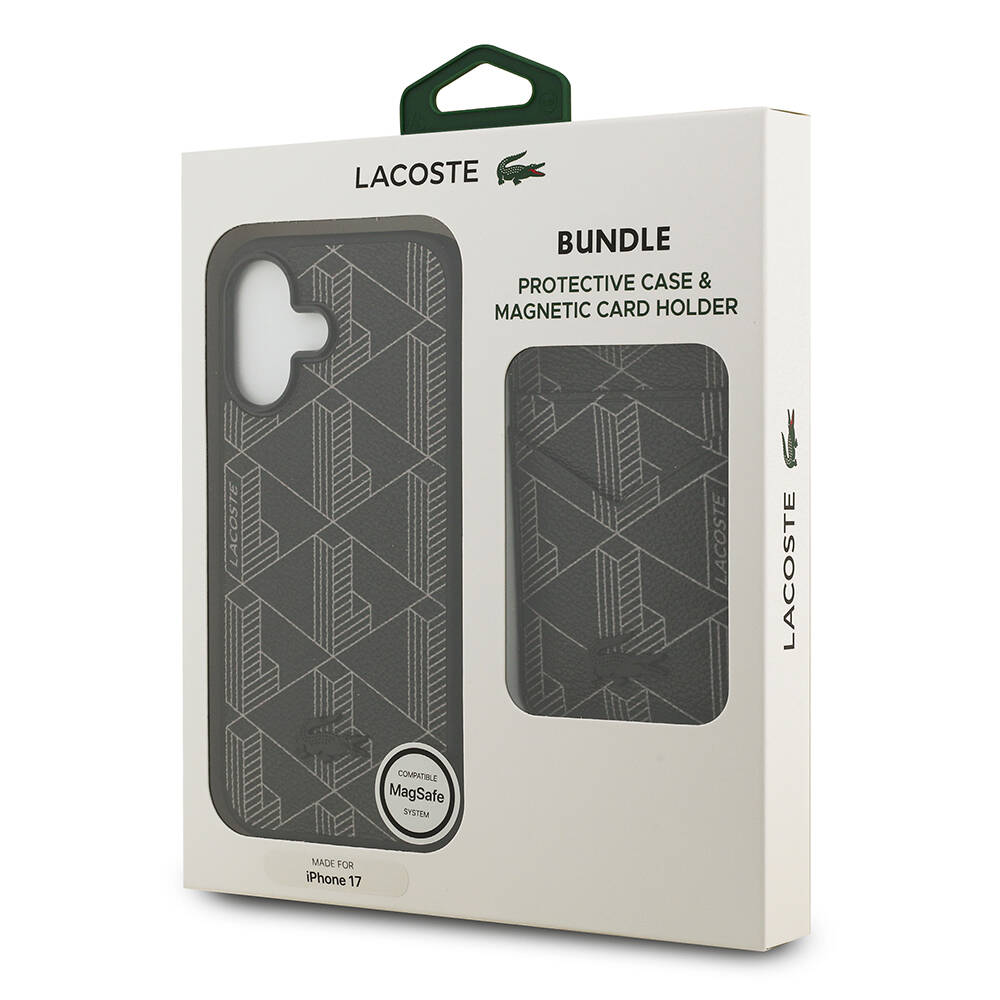 Apple iPhone 17 Kılıf Lacoste Orjinal Lisanslı M-safe Şarj Özellikli PU Deri Tasarımlı Kartlıklı Karışık Monogram Desenli Kapak - 13