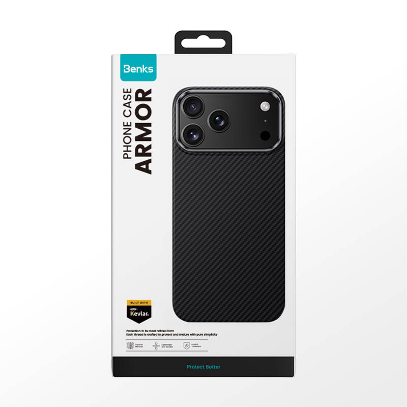 Apple iPhone 17 Pro Kılıf Benks M-safe Şarj Özellikli Metal Kamera Çerçeveli Magnetik ArmorAir 600D Kevlar Karbon Fiber Kapak - 6