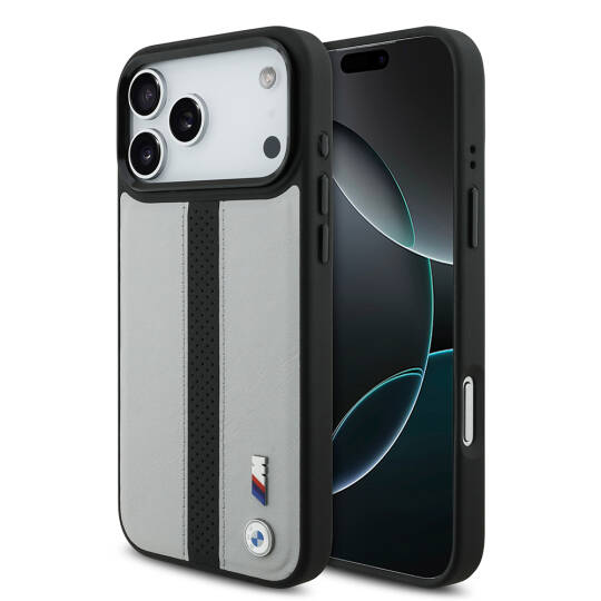 Apple iPhone 17 Pro Kılıf BMW Orjinal Lisanslı M-safe Şarj Özellikli Deri Arka Yüzey Metal Logolu Delikli Şerit Tasarımlı Kapak - 4