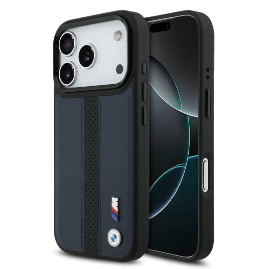 Apple iPhone 17 Pro Kılıf BMW Orjinal Lisanslı M-safe Şarj Özellikli Deri Arka Yüzey Metal Logolu Delikli Şerit Tasarımlı Kapak - 1