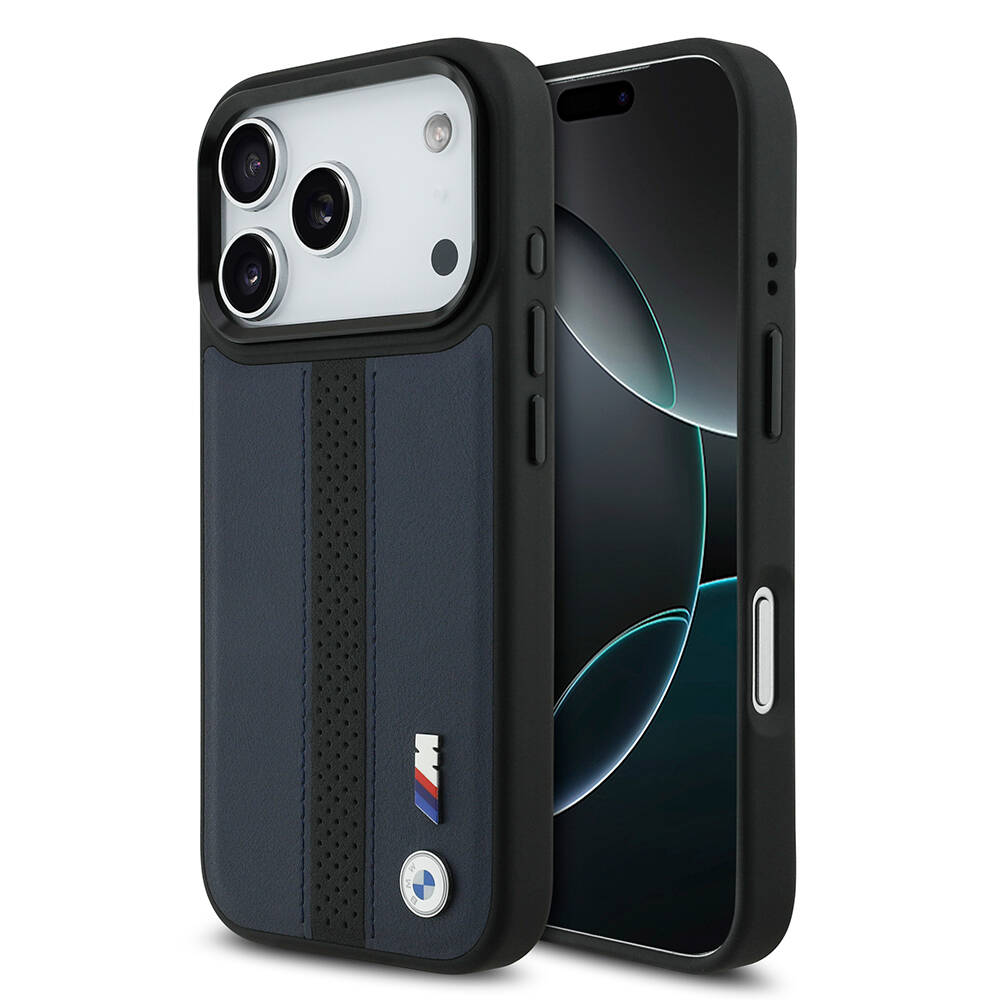 Apple iPhone 17 Pro Kılıf BMW Orjinal Lisanslı M-safe Şarj Özellikli Deri Arka Yüzey Metal Logolu Delikli Şerit Tasarımlı Kapak - 1