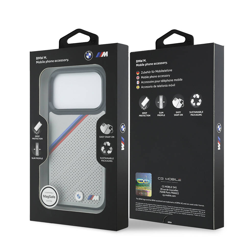 Apple iPhone 17 Pro Kılıf BMW Orjinal Lisanslı M-safe Şarj Özellikli M Logolu Üç Şeritli Delikli Deri Kapak - 16