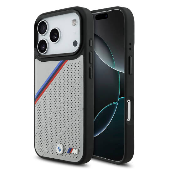 Apple iPhone 17 Pro Kılıf BMW Orjinal Lisanslı M-safe Şarj Özellikli M Logolu Üç Şeritli Delikli Deri Kapak - 2