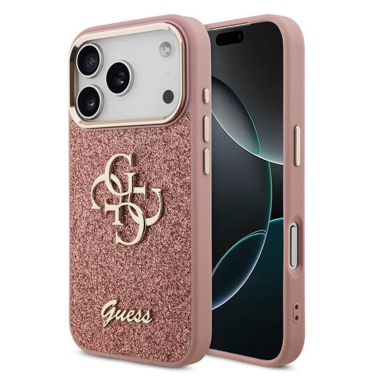 Apple iPhone 17 Pro Kılıf Guess Orjinal Lisanslı 4G Büyük Metal Kamera Çerçeveli ve Logolu Glitter Kapak - 4
